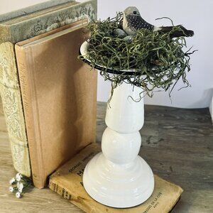 Bird Nest White Enamel Pedestal Decor French Country Spring Cottage Tabletop